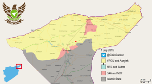 Red=Assad loyalist(SAA+NDF) yellow=YPG/kurds Black=ISIS Map by: @CizireCanton